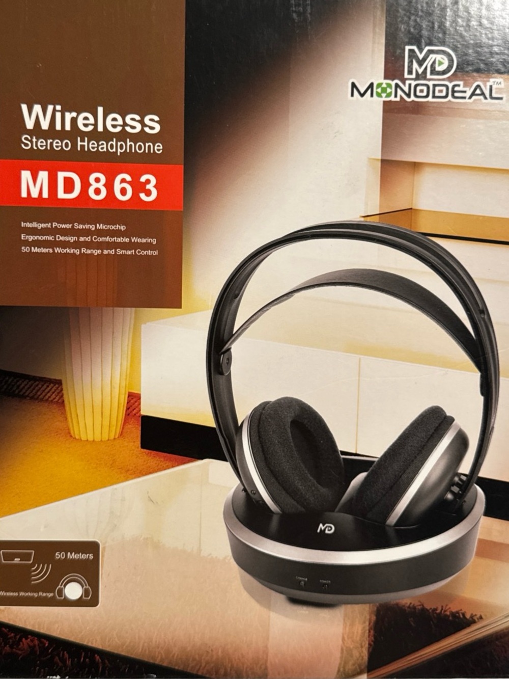 Monodeal  Wireless Stereo Headphones #MD863, Charging Station, Never Used